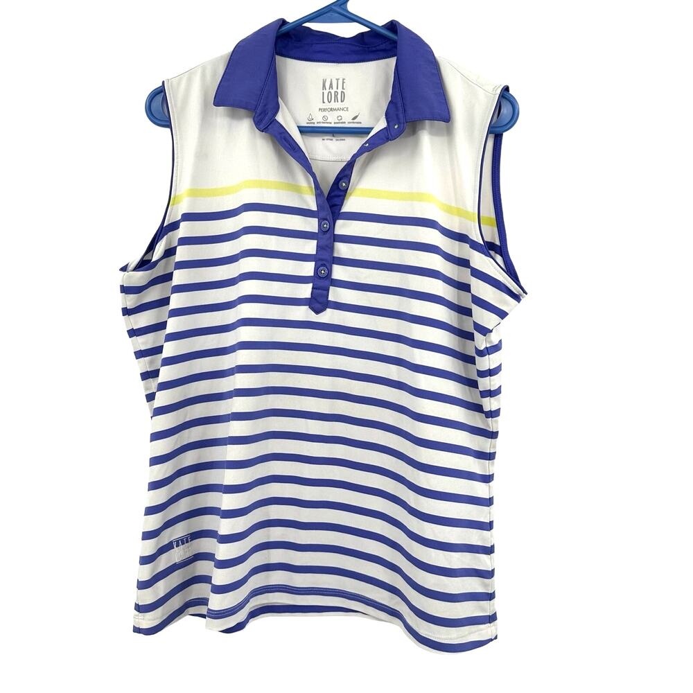 Kate Lord Size Large Shirt White Blue Stripe Sleeveless Polo Activewear Golf